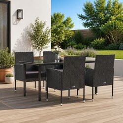 5 Piece Outdoor Dining Set Black Poly Rattan Garden Furniture Table Chairs