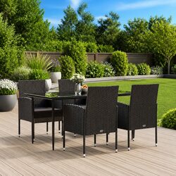 5 Piece Outdoor Dining Set with Cushions Black Poly Rattan Garden Furniture