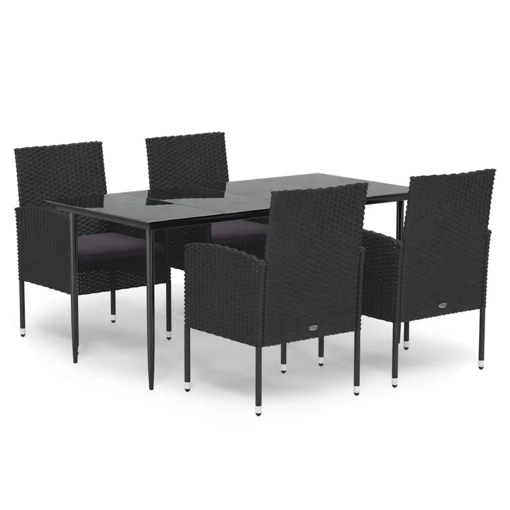 5 Piece Outdoor Dining Set with Cushions Black Poly Rattan Garden Furniture