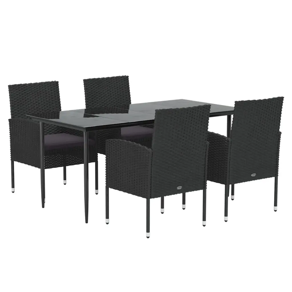 5 Piece Outdoor Dining Set with Cushions Black Poly Rattan Garden Furniture