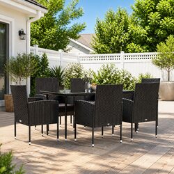 7 Piece Outdoor Dining Set Black Poly Rattan Garden Furniture with Cushions