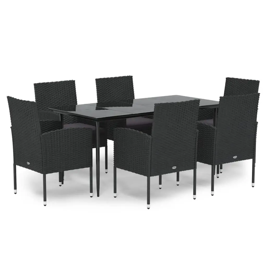 7 Piece Outdoor Dining Set Black Poly Rattan with Cushions