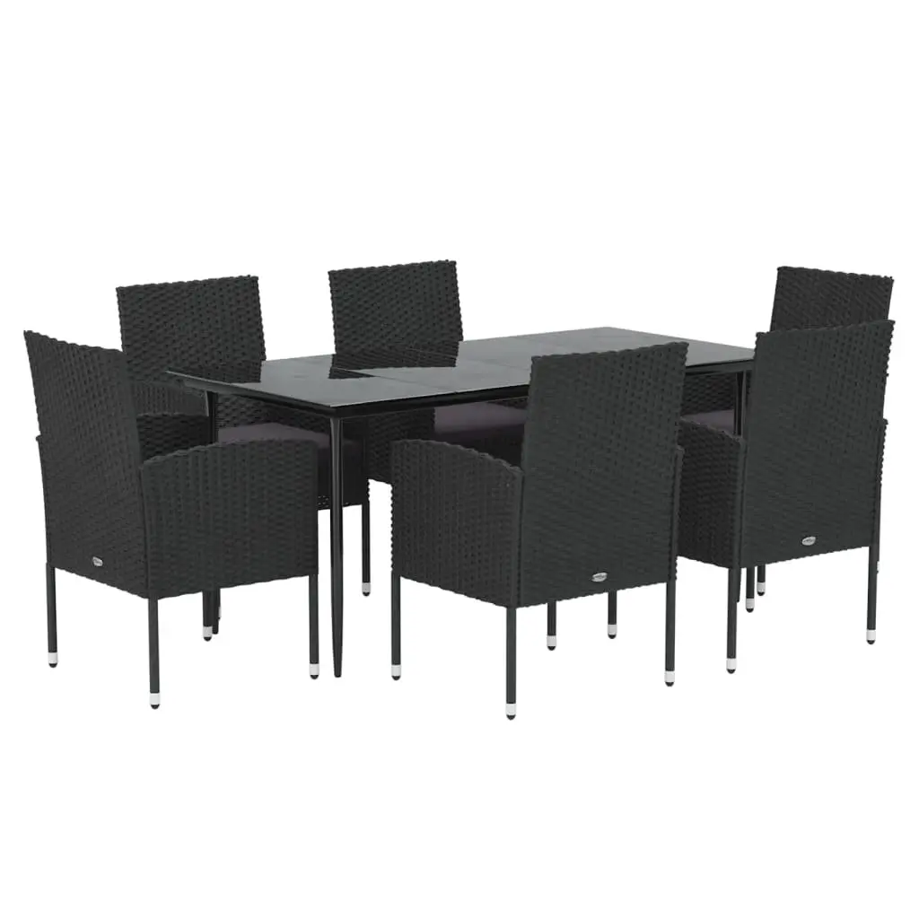 7 Piece Outdoor Dining Set Black Poly Rattan with Cushions