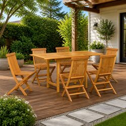 Garden Dining Set 7 pcs Brown Teak Wood Outdoor Table Chairs Furniture