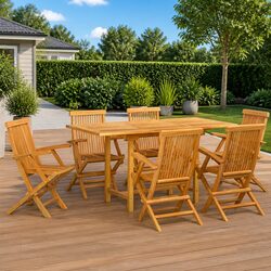 Garden Dining Set 7 Piece Brown Teak Wood Outdoor Table Chairs Patio Furniture