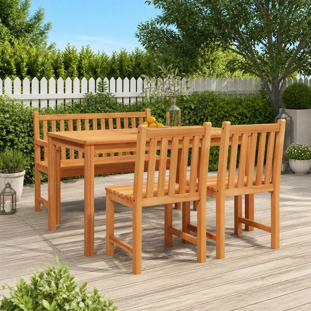 Garden Dining Set Solid Wood Teak 4 Piece Outdoor Furniture Brown Table Chairs