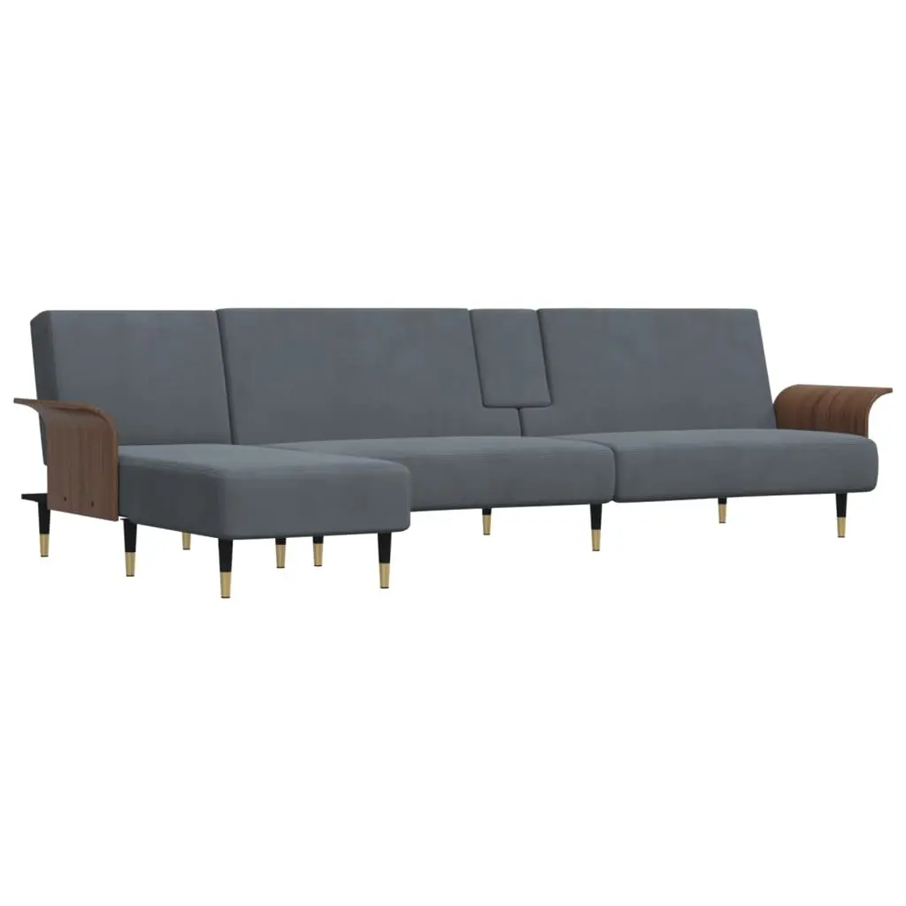 L-Shaped Sofa Bed Convertible Sleeper Couch Grey Velvet with Tea Table