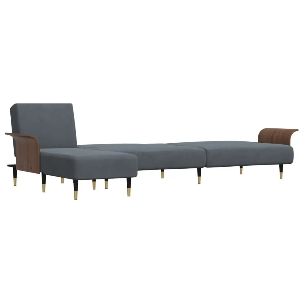 L-Shaped Sofa Bed Convertible Sleeper Couch Grey Velvet with Tea Table