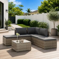 Garden Lounge Set 6 Piece Outdoor Furniture Grey Poly Rattan with Cushions