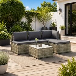 Garden Lounge Set 5 Piece Outdoor Furniture Grey Poly Rattan with Cushions