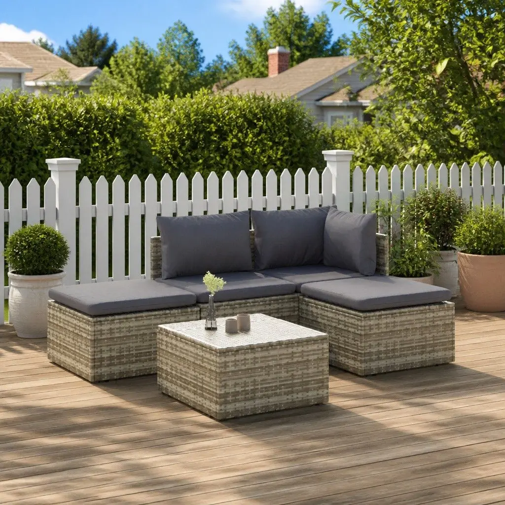 5 Piece Garden Lounge Set with Cushions Grey Poly Rattan Outdoor Patio Furniture