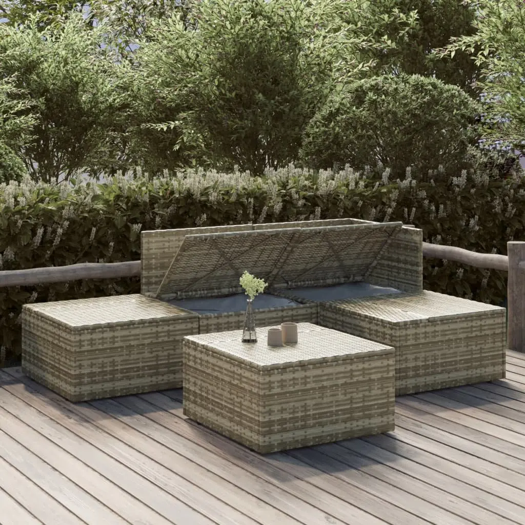 5 Piece Garden Lounge Set with Cushions Grey Poly Rattan Outdoor Patio Furniture