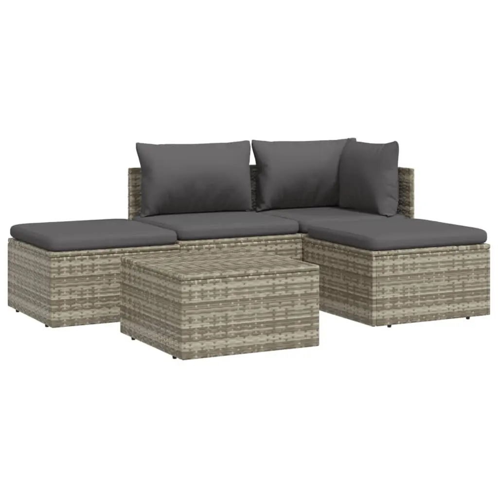 5 Piece Garden Lounge Set with Cushions Grey Poly Rattan Outdoor Patio Furniture