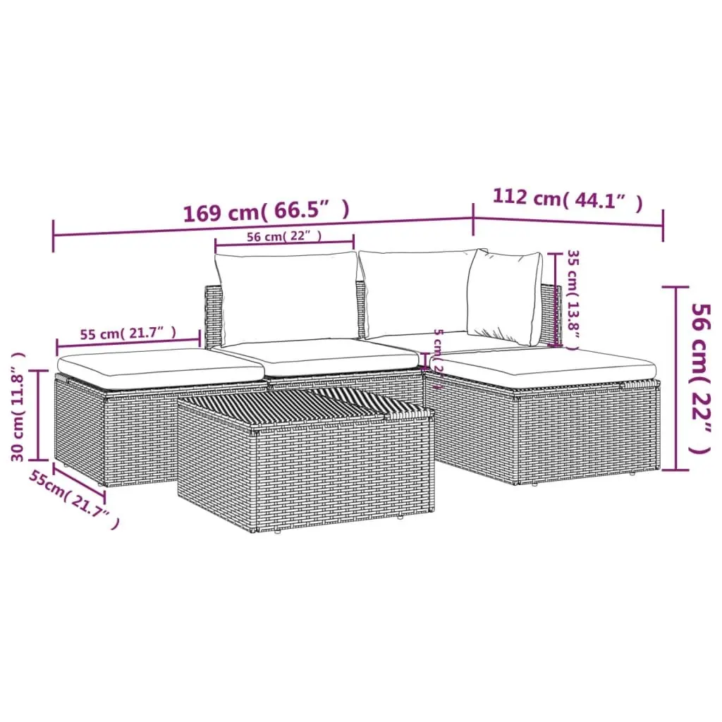 5 Piece Garden Lounge Set with Cushions Grey Poly Rattan Outdoor Patio Furniture