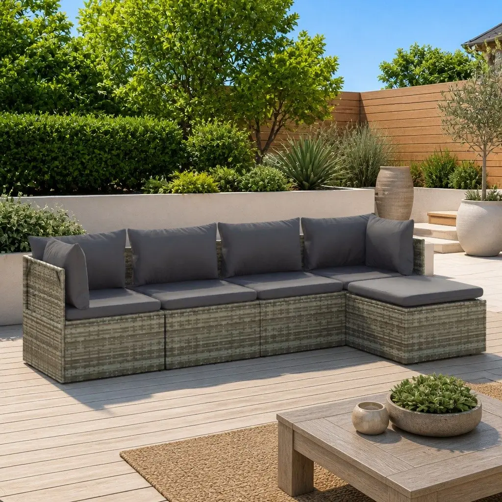 5 Piece Garden Lounge Set Outdoor Furniture with Cushions Grey Poly Rattan Patio