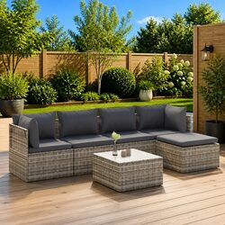Garden Lounge Set 6 Piece Outdoor Furniture with Cushions Grey Poly Rattan