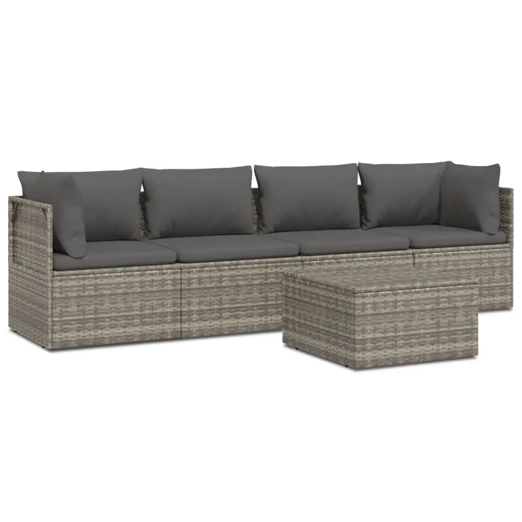 5 Piece Garden Lounge Set Grey Poly Rattan Outdoor Furniture with Cushions