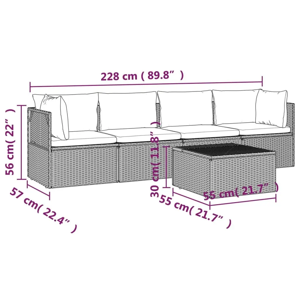 5 Piece Garden Lounge Set Grey Poly Rattan Outdoor Furniture with Cushions