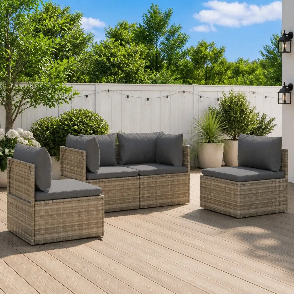4 Piece Garden Lounge Set Outdoor Furniture Poly Rattan Grey with Cushions