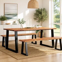 Dining Set 3 Piece Kitchen Table Bench Live Edge Solid Wood Brown