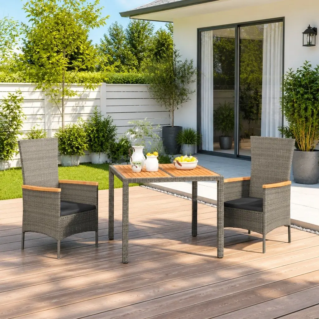 Garden Dining Set 3 Piece Outdoor Patio Furniture with Cushions Grey Poly Rattan