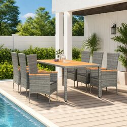 7 Piece Garden Dining Set Grey Poly Rattan Outdoor Patio Furniture with Cushions