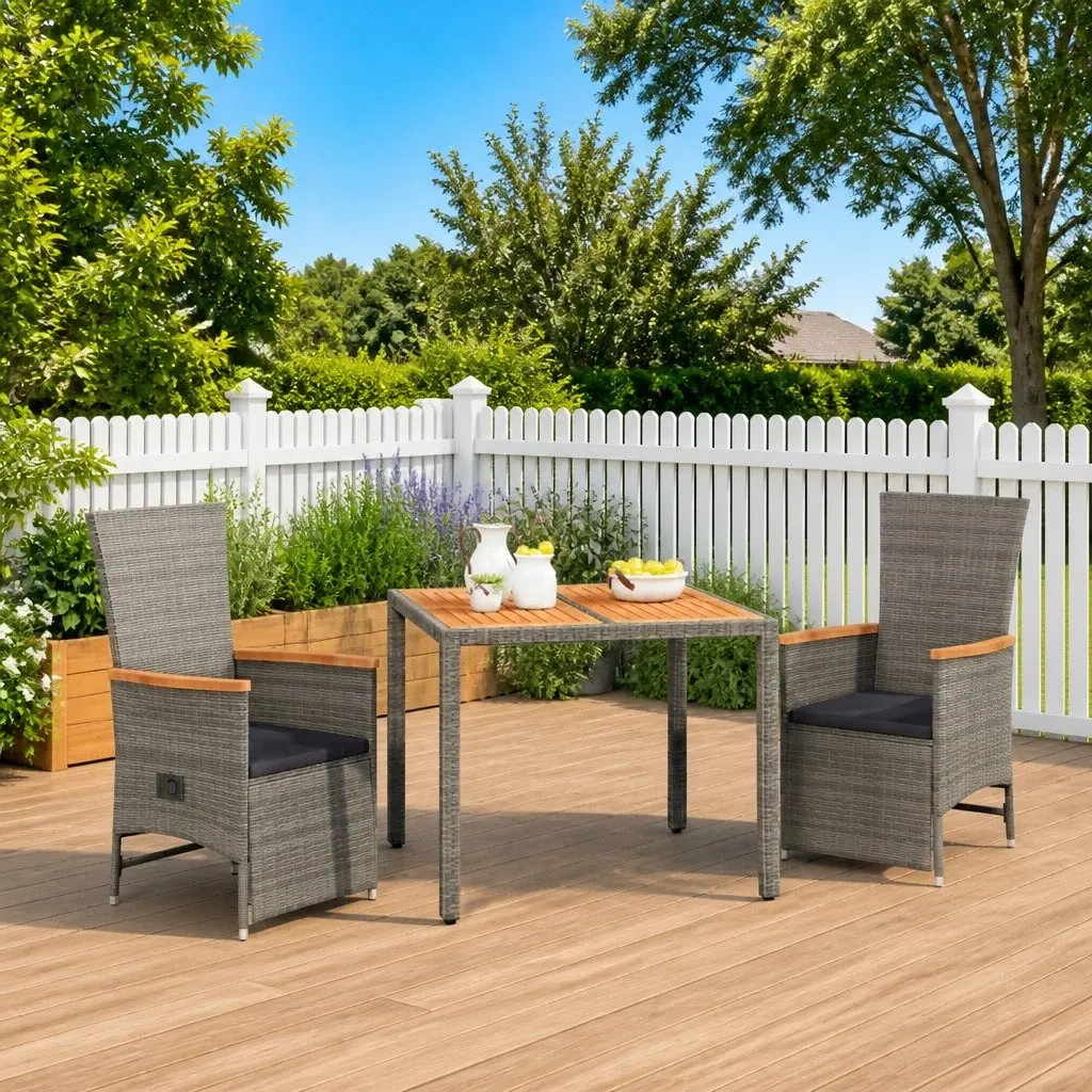 Garden Dining Set 3 Piece Outdoor Patio Furniture Grey Rattan Chairs Table