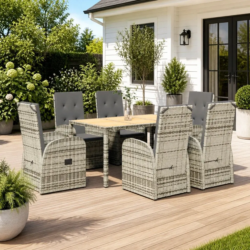 7 Piece Garden Dining Set Weather-Resistant PE Rattan Grey Outdoor Furniture
