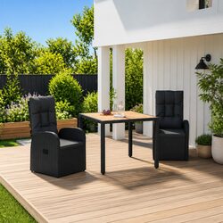 Garden Dining Set 3 Piece Black Poly Rattan Patio Furniture with Cushions