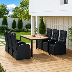 7 Piece Outdoor Garden Dining Set Black Poly Rattan Chairs Table Cushions