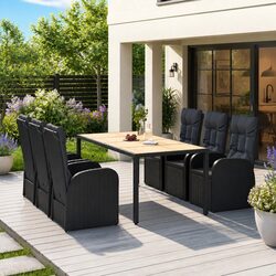 7 Piece Garden Dining Set with Cushions Black Poly Rattan Outdoor Patio