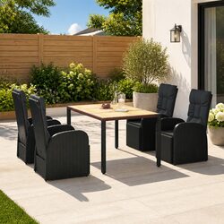 5 Piece Outdoor Dining Set Black Poly Rattan Acacia Wood Garden Furniture Chairs
