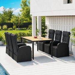 Garden Dining Set 7 Piece Black Poly Rattan Acacia Wood Outdoor Furniture