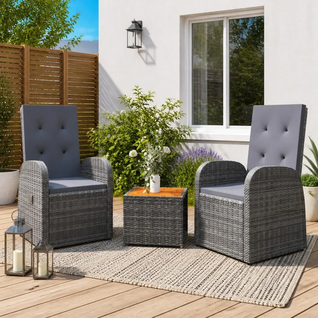 3 Piece Garden Lounge Set Grey Poly Rattan Outdoor Furniture Chairs Table