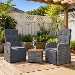 3 Piece Garden Lounge Set Grey PE Rattan Steel Acacia Wood Outdoor Furniture