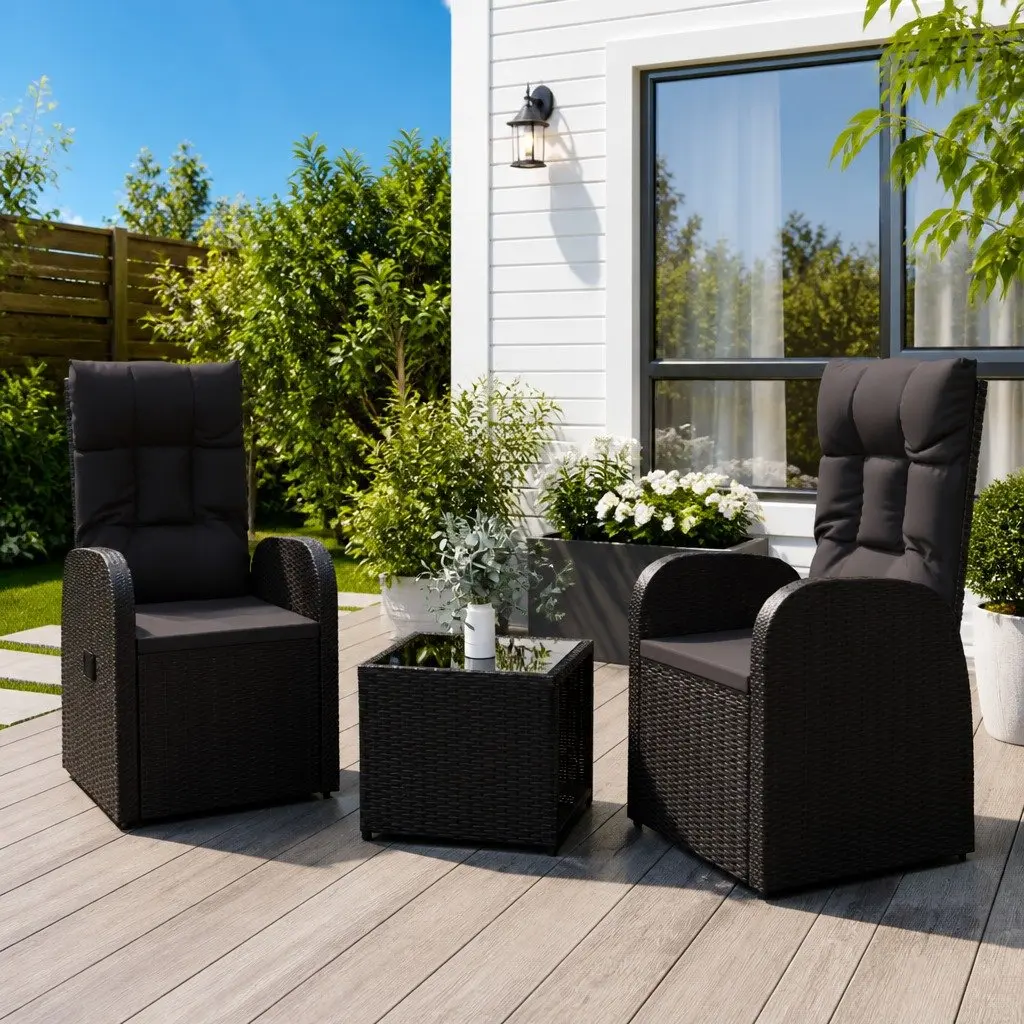 3 Piece Garden Lounge Set Reclining Chairs Tempered Glass Table Black PE Rattan