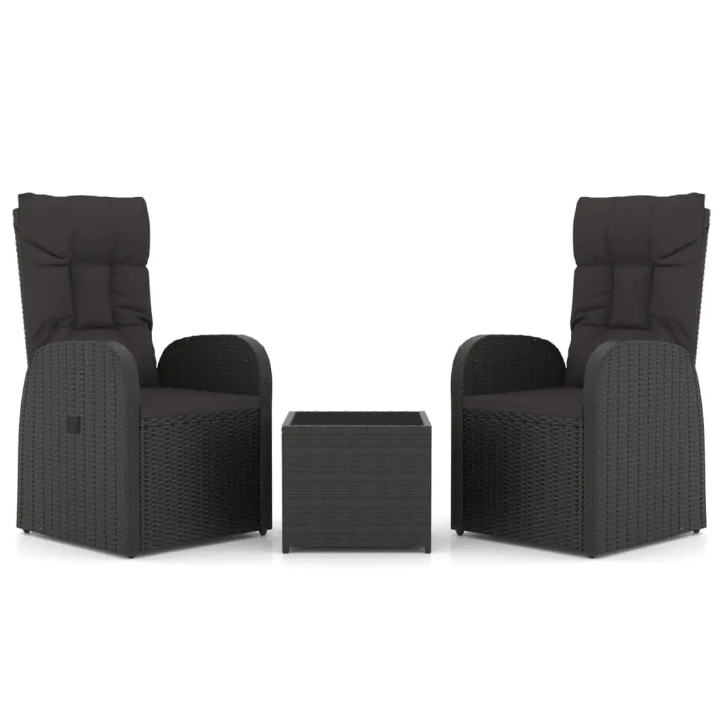 3 Piece Garden Lounge Set Reclining Chairs Tempered Glass Table Black PE Rattan