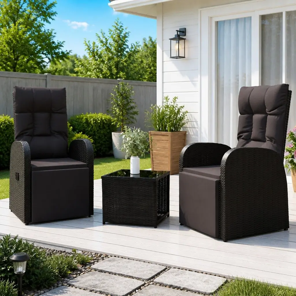 3 Piece Garden Lounge Set Adjustable Black Rattan Steel Chair Table