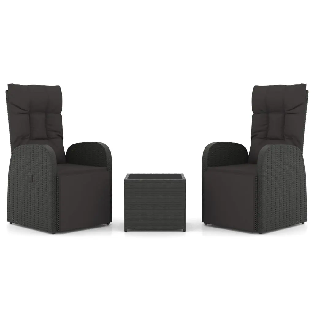 3 Piece Garden Lounge Set Adjustable Black Rattan Steel Chair Table