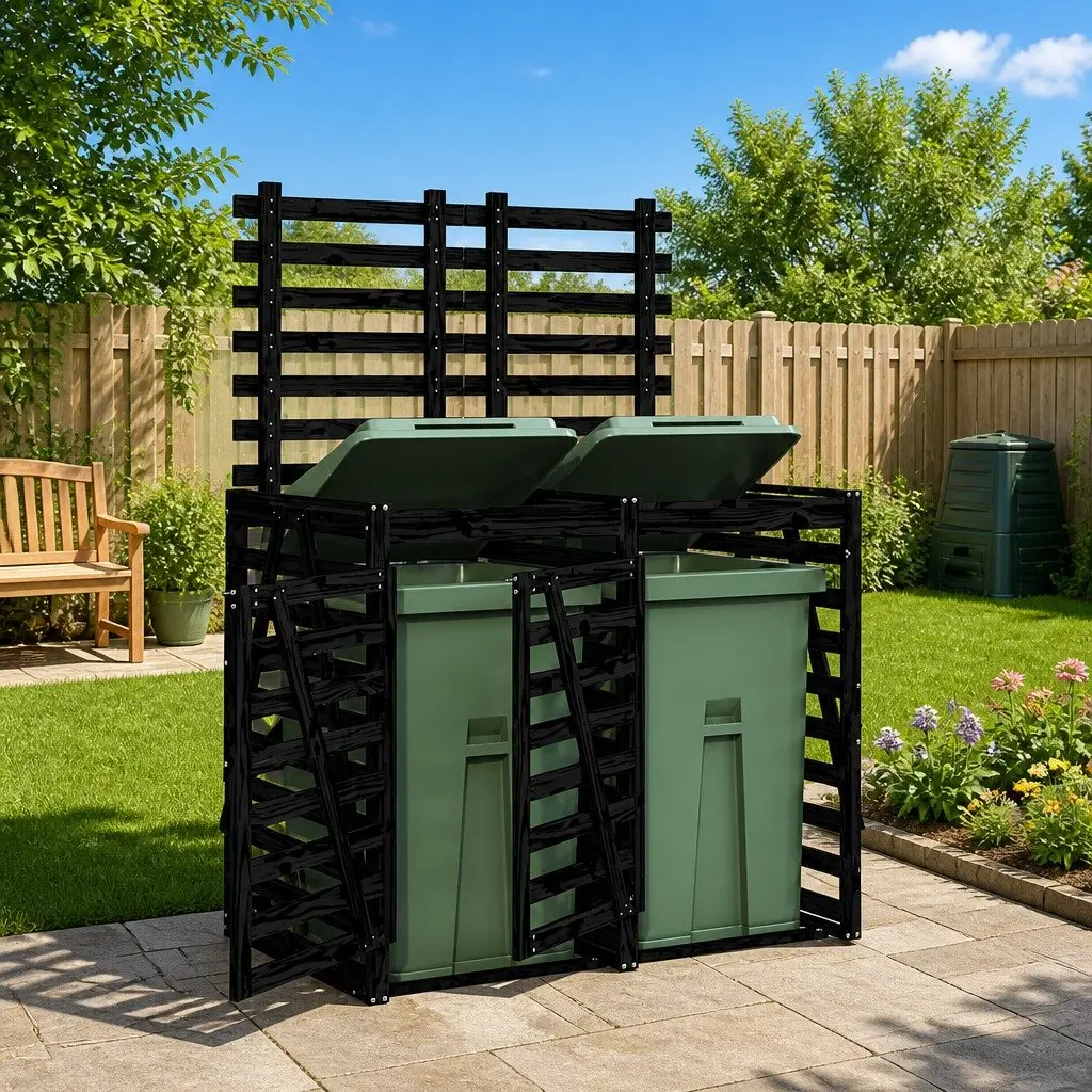 Double Wheelie Bin Storage Shed Solid Pine Wood Ventilation Slats Black