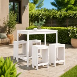 Garden Bar Set 5 Piece White Wood Patio Furniture Outdoor Dining Stools Table