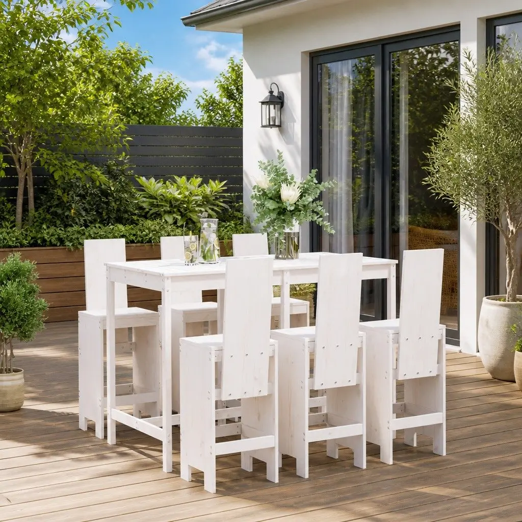Garden Bar Set 7 Piece Solid Pine Wood White Outdoor Furniture Patio Backyard Dining Seating
