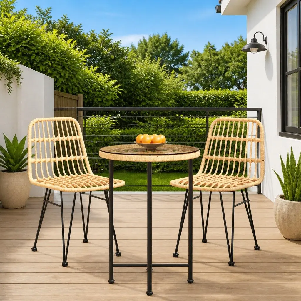 3 Piece Garden Dining Set Outdoor Patio Furniture Brown Poly Rattan Chairs Table