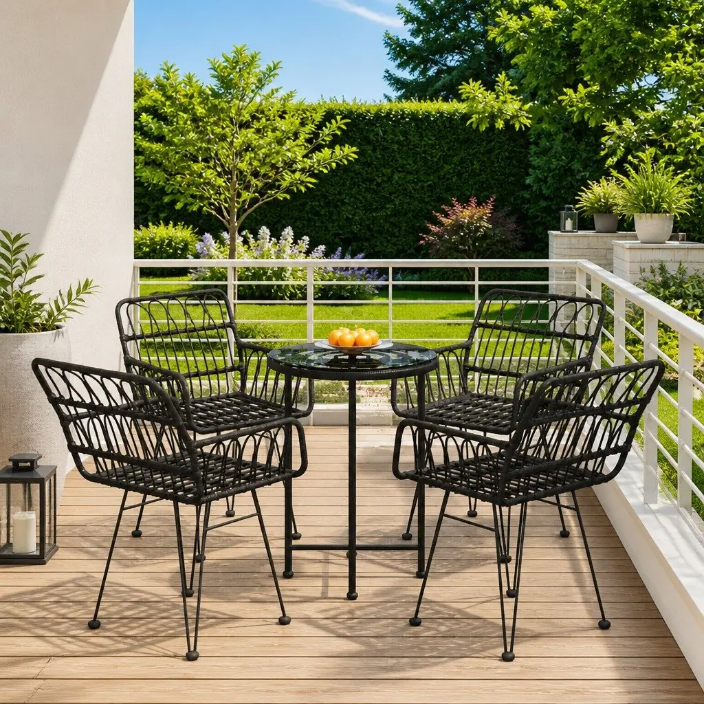 5 Piece Garden Dining Set Black Poly Rattan Outdoor Patio Furniture with Chairs