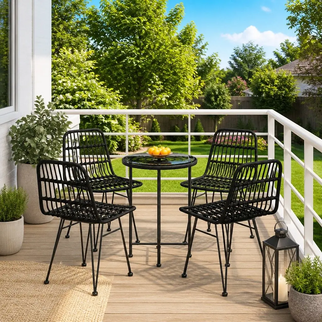 5 Piece Garden Dining Set Outdoor Patio Furniture Black Rattan Table Chairs