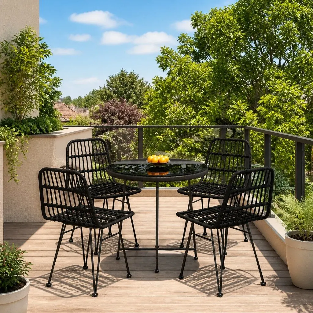 Garden Dining Set 5 Piece Black PE Rattan Steel Frame Outdoor Furniture