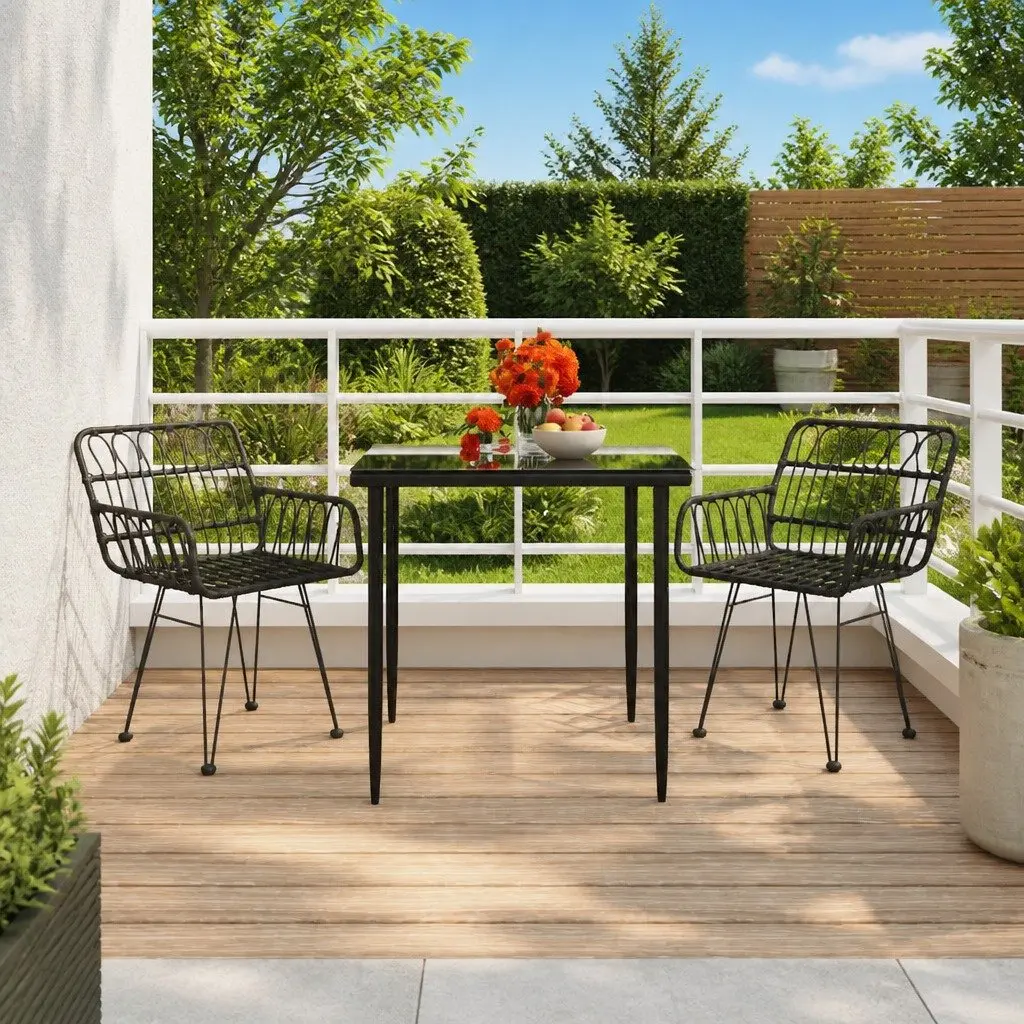 3 Piece Garden Dining Set Durable Poly Rattan Black Outdoor Patio Furniture