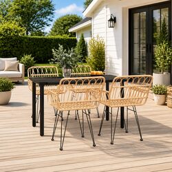 5 Piece Outdoor Garden Dining Set Brown Poly Rattan Patio Furniture with Glass