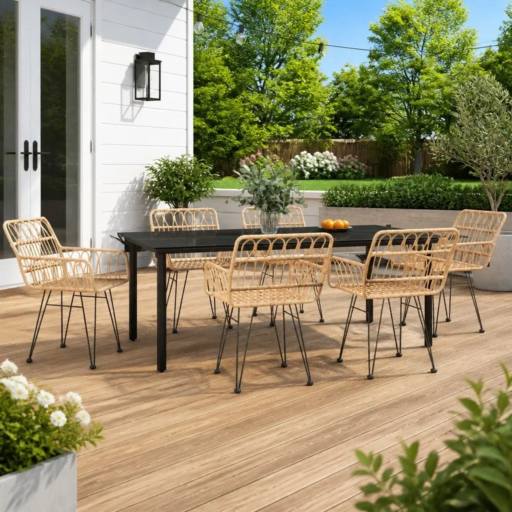 7 Piece Garden Dining Set Outdoor Patio Furniture Brown Poly Rattan Chairs Table