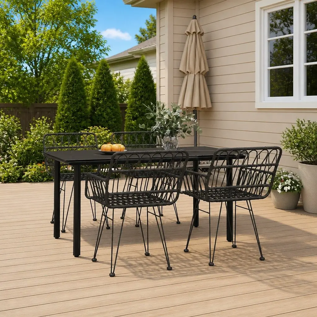 5 Piece Garden Dining Set Outdoor Patio Furniture Black Rattan Chairs Table